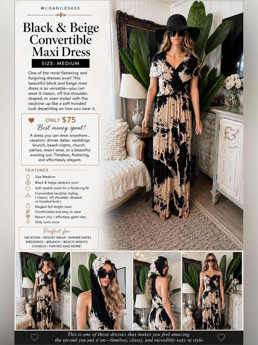 Convertible Black & Beige Maxi Dress - Stylish Women’s Evening Dress